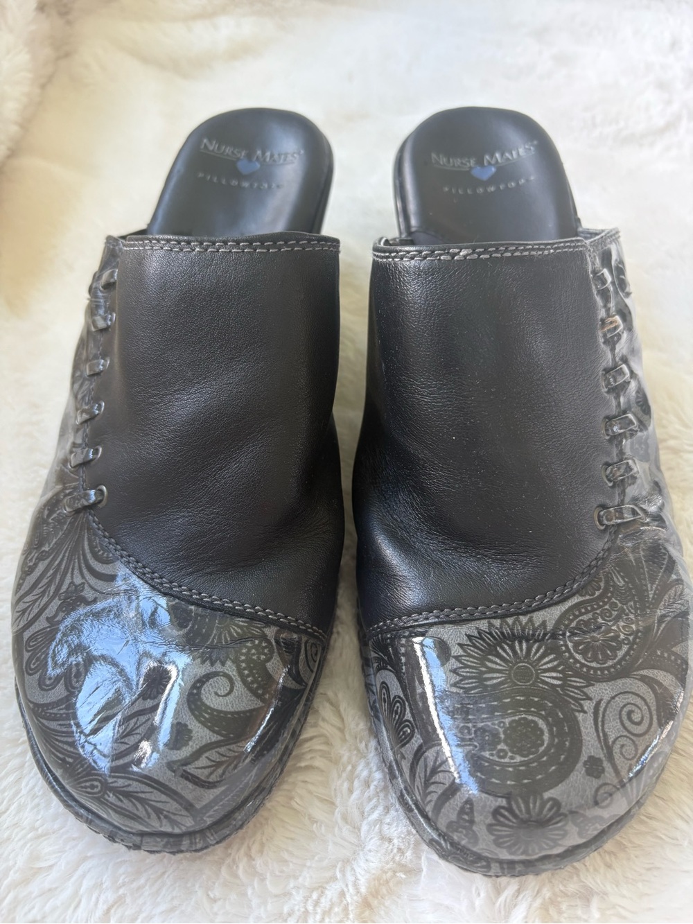 Nurse Mates Black Floral-Accent Slip-On Clogs